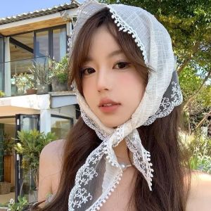 French Pink Lace Flower Headscarf Triangle Scarf Headband Fashion Tie Headdress Seaside Headscarf
