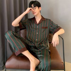 LEZIMENG | Men Summer Ice Silk Short Sleeve Long Pants Set