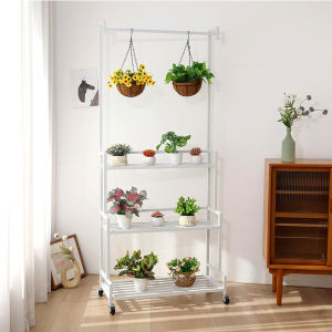 ชั้นวางดอกไม้เหล็กดัดชั้นวางของหลายชั้นสำหรับระเบียงชั้นวางดอกไม้เคลื่อนย้ายได้มีล้อแบบขั้นบันไดตั้งพื้นลานกลางแจ้งในร่ม