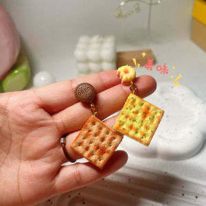 Original Design Asymmetric Soda Biscuit Earrings 925 Silver Funny Cute Chives Snack Niche Style Fun Ear Clip