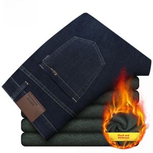 Mens Fleece Lined Jeans Loose Straight Leg Casual Trousers Midlife Long Pants Fashionable Urban Style Winter Wear