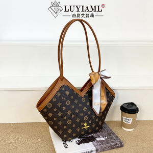 Trendy Large Capacity Floral Womens Shoulder Bag Commuter Handbag Silk Scarf Tote Bag Bucket Shape Single Strap Handbag