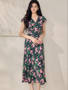 Roey s house | Elegant Office V-Neck Floral Printed A-Line Waist-Cinching Summer Dress