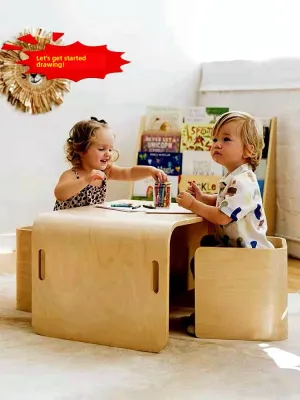 Real Wood Childrens Study Desk Set with Chair Multi-Functional Pre-School Kids Learning Desk Writing Table for Toddlers And Babies