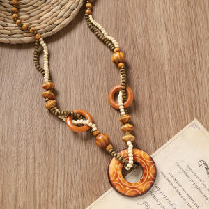 Bohemian Wooden Beaded Necklace Long Sweater Chain Womens Ethnic Style Cotton Linen Accessories Pendant Fashion Jewelry