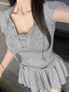 Summer Short Sleeve T-Shirt Womens High Waist Mini Skirt Casual Sport Two-Piece Set Pure Desire Spicy Girl Hooded Top