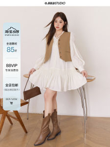 Julu Studio "Hippie Young Adult" Slightly Oversized Girls Apricot Sweet V-neck Dress Bandage Dress Retro Vest Spring