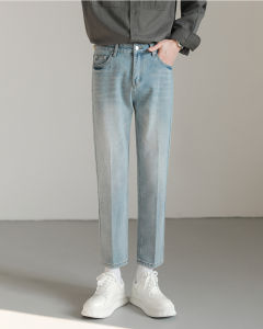 Spring & Fall Summer K-style Silm Small Straight Pants Men Trendy Ins Easiest for Match Casual Tappered Ninth Denim Pants