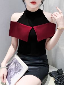 Summer New Elegant Splice Lace Shoulder Bared T Shirt Women Universal Fashion Slimming Mesh Short Sleeve round Neck Top