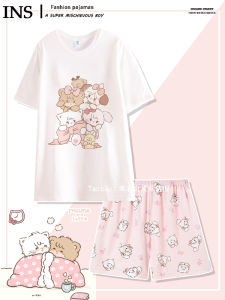 Mikko ผ้าฝ้ายแท้รอบคอชุดนอนสําหรับสตรีฤดูร้อนแขนสั้นกางเกงขาสั้นน่ารักหมีออกแบบการ์ตูนภาพเคลื่อนไหวรูปแบบ