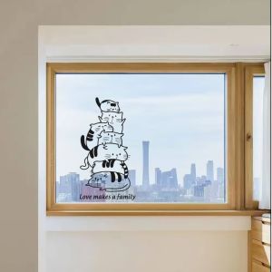 Healing Cartoon Cat Family Stickers for Coffee Shop Dessert Shop Window Glass Door Mirror Decor Modern Minimalist Style