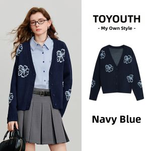 Toyouth | Retro Green Wool Flower Embroidery V-Neck Short Knitted Cardigan