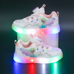 ABC Karun Princess Elsa Light up Mesh Sports Shoes for Girls with Rotating Buttons Autumn Season Low Cut Synthetic Leather Panel Shoes