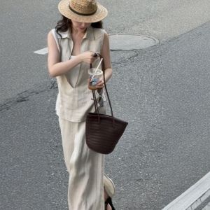 VKSOD | Summer 2025 Loose Vintage Style Sleeveless Top Back Split Mini Skirt Zen Cool Feeling Two-Piece Set Long Pants Polo Collar Buttoned