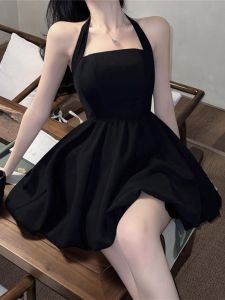 French Hepburn Style Black Strapless Puffy Dress Womens Summer Mini Size Waist Cinched A-Line Slimming Skirt Long Sleeve