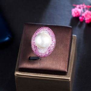 SEQUITO Trang Sức Nữ Thanh Lịch Mạ Bạc Siêu Nhỏ Lát Đá Màu Hồng Fuchsia AAA Đá CZ Zirconia Hình Bầu Dục Pha Lê Có Thể Điều Chỉnh Nhẫn Đeo Ngón Tay Với Lớn Ngọc Trai Tinh Khiết Cao Cấp Tiệc Tối Cho Quý Cô SR092