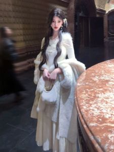 CHANGTONG | Korean Style Winter Outfit High End Elegance Cloak Coat Fish Tail Lace Dress Two Piece Set Long Sleeve Cotton Suit For Women