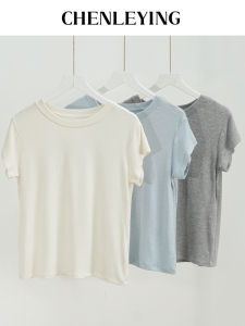 ChunLeYing Womens Slim Fit Short Sleeve T-Shirt round Neck Design Summer Silk Wool Blend Korean Style Commute Pure Color