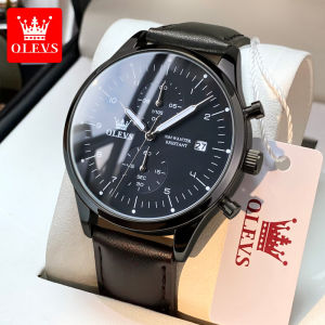 OLEVS Jam Tangan Pria Anti Air Original Kulit Tahan Keren Led Hitam Putih Terbaru Luxury Chronograph Watch Men Multifungsi