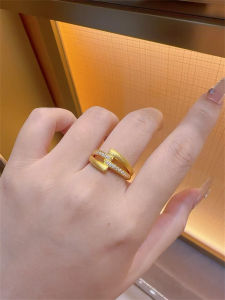 Ultra-Fancy 18K Gold Micro-Paved Cross Ring Simple High-Aesthetic Double-Layer Geometric Band Versatile Elegant Sparkling