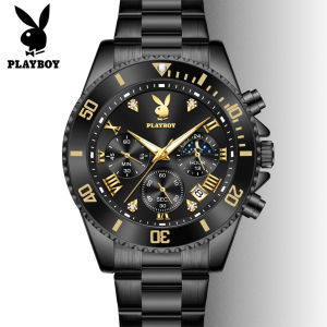 PLAYBOY watch for men fashion all black design moon phase chronograph luminous calendar diamond dial men watches