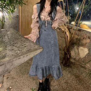 Spring and Autumn New Arrival One-Word Diamond off-Shoulder Floral Long Sleeves Shirt + Bandage Dress Ruffles Denim Suspender Skirt Skirt