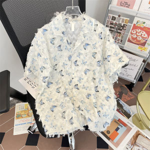 Casual Tassel Butterfly Shirt Short Sleeve Baby Boy and Girl Summer Loose Youth Popularity Non-Ironing Breathable Frayed Shirt Half Sleeve