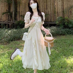 French Romantic Gentle Wind Bubble Sleeve Thin Veil Dress Summer Beach Vacation Irregular Princess Long Dress Womens Skirt
