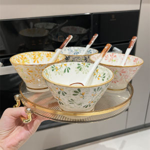 Bát Cơm Gốm Sứ Trang Trí Hoa Mùa Xuân Kiểu Nhật Bản Chống Bỏng Chân Cao Dùng Trong Gia Đình Bát Tròn Miệng Lớn 5 Inch