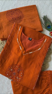 [PRE ORDER : 10 DAYS] Womens Pure Cotton Orange Party Wear A-Line Suit with Hand Block Printed Dupatta_ 403