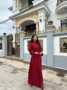 Áo Dài Cô Dâu  Áo Dài Gấm Phượng Dáng Suông 2 Tà Cổ Cao - Tay Loe Đính Nơ Cao Cấp