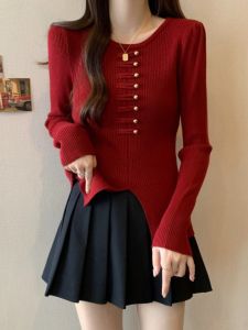 เสื้อถักสีแดงสไตล์จีน ทรงเข้ารูป แขนยาว ทรงเข้ารูป สำหรับผู้หญิง ฤดูใบไม้ร่วง ไซส์ใหญ่ เสื้อชั้นในสุดเก๋