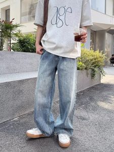 ตรงกางเกงยีนส์ผู้ชายฤดูร้อนอเมริกันDrapedกางเกงหลวมขี้เกียจสไตล์หลวมกางเกงขากว้างญี่ปุ่น 2000S Y2kเสื้อผ้าJorts Top