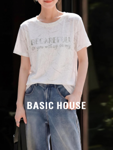 Basic House | White Rhinestone Embellished Crew Neck Straight Shoulder Tie-Dye T-Shirt
