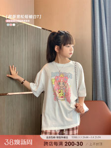 Girls Cartoon Short Sleeve Cotton Blend T-Shirt Korean Style Casual Lightweight Summer Fashion Teenage Top for Ages 5-16
