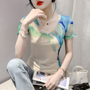 REHIN Summer New Fashion Tie-Dye Floral Mesh Printed Short Sleeve V-Neck Slim-Fit Chic Womens Top