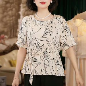 Silk Short Sleeve Mom Summer Fashionable Middle-Aged Womens T-Shirt Set New 2025 Two-Piece Set Loose Fit round Neck Flower Pattern