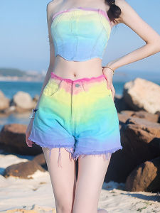 Japanese Style Original Tie-Dye Rainbow Dopamine Sweet High Waist Denim Shorts Female Sweet College Style Dance Hot Pants Female