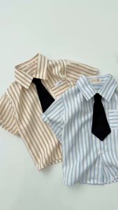 Set bộ sơ mi tay ngắn kẻ sọc vintage cho bé trai đi tiệc đi chơi kèm cà vạt 8đến 25kg BERNIET0125B04