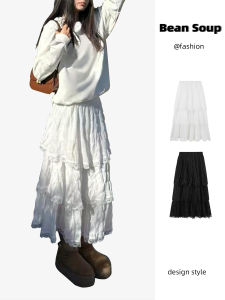 กระโปรงทรงเค้กเอวสูงสีขาว กระโปรงทรงเอผู้หญิง ฤดูใบไม้ผลิและฤดูใบไม้ร่วง ดีไซน์อเนกประสงค์ กระโปรงสั้นผ้าฝ้ายผสมสีพื้น