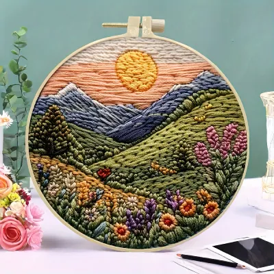 Beginners Hand Embroidery Kit - Mountain and Moon Landscape Mixed Colors Fabric Included - Perfect Handmade Gift