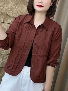 Summer New Arrival Fashion Mom Wear Short Sleeve Shirt Loose plus Size Anti-Aging Stylish Polo Collar Solid Color Jacquard Tops