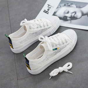 Breathable Mesh Canvas Shoes Womens Spring New Style round Toe Low Top Rubber Sole Korean Style Cross Lacing Hollow out Design