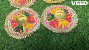 Traditional Handcrafted Rangoli with Tealight Holder | Reusable Festive Home Décor with Cloth | Diwali & Pooja Décor (Pack of 1 pc | Size - 14cm)