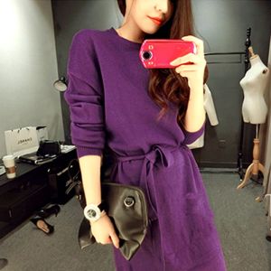 ชุดเดรสสเวตเตอร์ถักแขนยาวสไตล์เกาหลีสำหรับผู้หญิงฤดูใบไม้ร่วง/ฤดูหนาว กระโปรงทรงเอเอวสูง ผ้าฝ้ายผสมโพลีเอสเตอร์