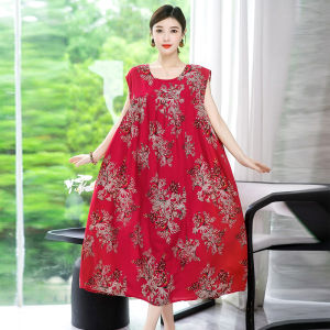 Váy Midi Cotton Lụa Rộng Rãi Che Bụng Cỡ Lớn Cho Phụ Nữ Trung Niên Mùa Hè 2022 Phong Cách Công Sở in Họa Tiết Chữ a Váy Chữ a