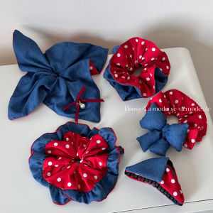 Denim Red Polka Dot Hair Ties Unique Womens Accessory Spliced Hair Bands Simple Versatile Hair Ornaments for Ladies