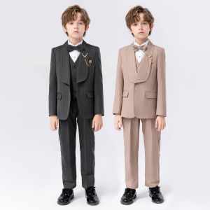 3PCS Striped Suits Set For Children Formal Evening Dinner Dress Host Pianos Wedding Pageboy Blazer For Boy