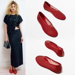 รองเท้าบัลเลต์สวมใส่สบายสำหรับผู้หญิง สีแดง ตาข่ายระบายอากาศ ทรงแบน รองเท้าสวมแบบสวม รองเท้าแตะฤดูร้อน รองเท้าแฟชั่น