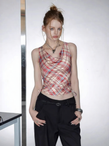 unifree | Red Plaid Chiffon Spaghetti Strap Tank Top